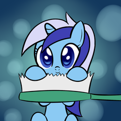 Size: 800x800 | Tagged: safe, artist:why485, minuette, pony, unicorn, g4, abstract background, brushie, cute, female, filly minuette, mare, mini, minubetes, solo focus, that pony sure does love toothbrushes, toothbrush