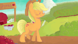 Size: 1024x576 | Tagged: safe, artist:silentghost3, applejack, earth pony, pony, g4, apple, eyes closed, female, fence, food, mare, orchard, solo, sweet apple acres