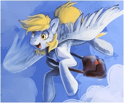 Size: 765x639 | Tagged: safe, artist:caramelbrulee, derpy hooves, pegasus, pony, g4, female, flying, mailbag, mare, solo