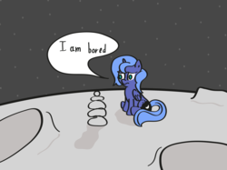 Size: 13495x10090 | Tagged: safe, artist:joemasterpencil, princess luna, alicorn, pony, g4, absurd resolution, banishment, bored, cute, dialogue, female, moon, partial color, pile, rock, s1 luna, sitting, solo, space, speech, woona