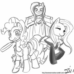 Size: 800x800 | Tagged: safe, artist:johnjoseco, fluttershy, pinkie pie, trixie, earth pony, pegasus, pony, unicorn, g4, clothes, cosplay, costume, crossover, excel saga, female, grayscale, mare, monochrome, mouth hold, simple background, smiling, trio, white background