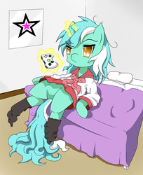 Size: 1237x1516 | Tagged: safe, artist:2feathers2, lyra heartstrings, pony, unicorn, g4, bed, clothes, controller, female, lucky star, magic, meme, sailor uniform, school uniform, schoolgirl, sitting, sitting lyra, socks, solo, style emulation, telekinesis