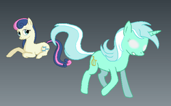 Size: 561x350 | Tagged: safe, artist:lokkerd, bon bon, lyra heartstrings, sweetie drops, earth pony, pony, g4, duo, glowing eyes