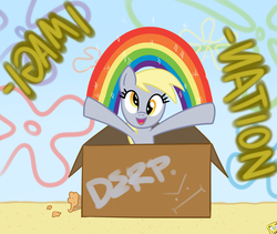 Size: 1900x1600 | Tagged: safe, artist:jackiephantom13, derpy hooves, pegasus, pony, g4, box, female, idiot box, imagination, mare, muffin, rainbow, spongebob squarepants