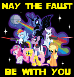 Size: 961x1000 | Tagged: safe, artist:ilikapie, applejack, fluttershy, nightmare moon, pinkie pie, princess luna, rainbow dash, rarity, twilight sparkle, alicorn, earth pony, pegasus, pony, robot, robot pony, unicorn, g4, female, lauren faust, mare, parody, star wars