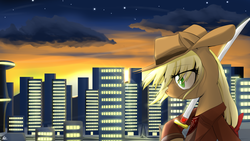 Size: 1920x1080 | Tagged: safe, artist:reikomuffin, applejack, earth pony, pony, g4, city, cityscape, clothes, female, mare, samurai, solo, sword, weapon