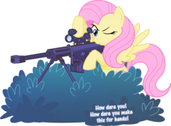 Size: 2625x1935 | Tagged: safe, artist:maishida, fluttershy, pegasus, pony, g4, barrett, bipedal, bush, female, flutterbadass, gun, hooves, m82a3, mare, one eye closed, optical sight, rifle, simple background, sniper, sniper rifle, snipershy, solo, spread wings, text, transparent background, weapon, wings