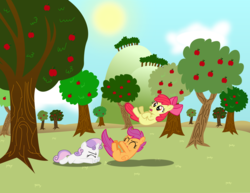 Size: 4000x3091 | Tagged: safe, artist:dtcx97, apple bloom, scootaloo, sweetie belle, earth pony, pegasus, pony, unicorn, g4, apple, apple tree, cutie mark crusaders, eyes closed, female, filly, foal, tree, trio