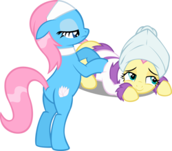 Size: 6000x5253 | Tagged: safe, artist:dtcx97, fluttershy, lotus blossom, earth pony, pegasus, pony, g4, green isn't your color, season 1, absurd resolution, bathrobe, bipedal, clothes, cute, duo, duo female, ears back, female, lidded eyes, massage, robe, shyabetes, simple background, transparent background, vector
