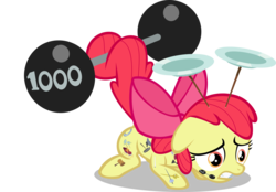 Size: 5000x3488 | Tagged: safe, artist:dtcx97, apple bloom, earth pony, pony, g4, the cutie pox, 1000, absurd resolution, barbell, crouching, cutie pox, female, filly, heavy, plate spinning, simple background, solo, tail hold, transparent background, vector, weight lifting, weights