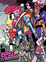 Size: 480x640 | Tagged: safe, artist:thisisbobby, apple bloom, applejack, diamond tiara, discord, fluttershy, gilda, nightmare moon, pinkie pie, rainbow dash, rarity, rover, scootaloo, silver spoon, sweetie belle, trixie, twilight sparkle, twist, diamond dog, griffon, pony, semi-anthro, g4, bipedal, clothes, crossover, cutie mark crusaders, glasses, guitar, mane six, musical instrument, parody, scoot pilgrim, scoot pilgrim vs the world, scott pilgrim vs the world, sword, weapon