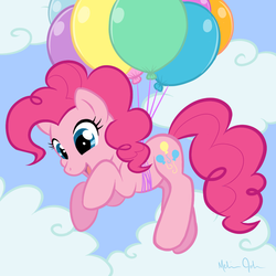 Size: 800x800 | Tagged: safe, artist:nauticaldog, pinkie pie, earth pony, pony, g4, balloon, cloud, female, floating, looking down, mare, open mouth, sky, smiling, solo, then watch her balloons lift her up to the sky