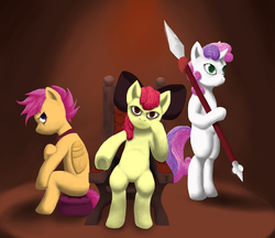 Size: 3830x3304 | Tagged: safe, artist:vicmanone, apple bloom, scootaloo, sweetie belle, earth pony, pony, g4, bipedal, cutie mark crusaders, high res, sitting, spear, trio, weapon