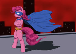 Size: 3486x2476 | Tagged: safe, artist:vicmanone, pinkie pie, earth pony, pony, g4, alternate cutie mark, batman, bipedal, cape, clothes, costume, crossover, female, high res, mask, solo, superhero