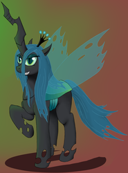 Size: 1723x2324 | Tagged: safe, artist:vicmanone, queen chrysalis, changeling, changeling queen, g4, crown, female, frown, jewelry, raised hoof, regalia, smiling, solo, standing, transparent wings, wings