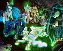 Size: 978x800 | Tagged: safe, artist:robd2003, princess cadance, princess celestia, princess luna, queen chrysalis, oc, changeling, changeling queen, g4, alicorn triarchy, bad end, female, possessed