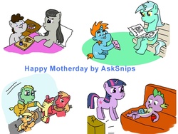 Size: 1280x960 | Tagged: safe, artist:asksnips, apple bloom, applejack, big macintosh, lyra heartstrings, octavia melody, snips, spike, truffle shuffle, twilight sparkle, dragon, earth pony, pony, unicorn, ask snips, g4, colt, male, mother's day, parent, stallion, unicorn twilight