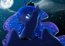 Size: 900x643 | Tagged: dead source, safe, artist:artgirl615, princess luna, alicorn, pony, g4, cloud, female, looking at you, mare, moon, night, solo