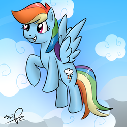 Size: 1000x1000 | Tagged: safe, artist:sirpayne, rainbow dash, pegasus, pony, g4, cloud, cloudy, female, flying, mare, signature, solo