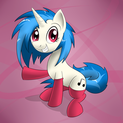 Size: 1250x1250 | Tagged: safe, artist:sirpayne, dj pon-3, vinyl scratch, pony, unicorn, g4, clothes, female, looking at you, mare, raised hoof, sitting, smiling, socks, solo