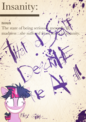 Size: 2480x3508 | Tagged: safe, artist:skeptic-mousey, twilight sparkle, g4, lesson zero, insanity, poster, twilight snapple, typography