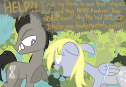 Size: 650x450 | Tagged: dead source, safe, artist:frostedwarlock, derpy hooves, doctor whooves, time turner, earth pony, pegasus, pony, g4, ask, discord whooves, discorded, female, male, mare, rainbow dash replies, stallion, tumblr