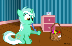 Size: 1185x770 | Tagged: safe, artist:mostlyponyart, bon bon, lyra heartstrings, sweetie drops, pony, unicorn, g4, basket, candy, female, solo