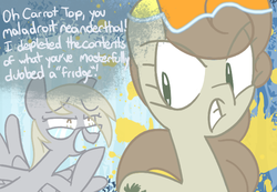 Size: 650x450 | Tagged: safe, artist:frostedwarlock, carrot top, derpy hooves, golden harvest, pegasus, pony, g4, angry, ask, dialogue, discorded, female, i emptied your fridge, mare, rainbow dash replies, tumblr