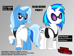 Size: 928x700 | Tagged: safe, artist:vjmorales, dj pon-3, trixie, vinyl scratch, pony, unicorn, g4, female, gradient background, mare, open mouth, raised hoof, scott pilgrim vs the world