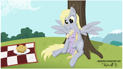 Size: 1800x1012 | Tagged: safe, artist:isegrim87, derpy hooves, dinky hooves, pegasus, pony, g4, crying, equestria's best mother, female, mare, muffin, picnic