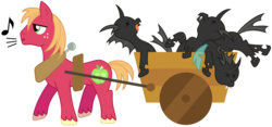 Size: 1024x480 | Tagged: source needed, useless source url, safe, artist:evaxilth, big macintosh, changeling, earth pony, pony, g4, cart, dead, defeated, good end, male, simple background, stallion, tongue out, transparent background, vector, whistling, x eyes