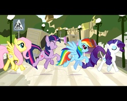 Size: 1280x1024 | Tagged: safe, artist:theartrix, fluttershy, rainbow dash, rarity, twilight sparkle, earth pony, pegasus, pony, unicorn, g4, abbey road, female, mare, parody, polka is magic, the beatles, youtube link