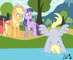 Size: 1023x848 | Tagged: safe, artist:lowhitney, applejack, derpy hooves, twilight sparkle, pegasus, pony, g4, cart, drinking, female, mare, raised hoof, trio