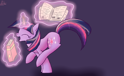 Size: 1000x610 | Tagged: safe, artist:nos-talgia, twilight sparkle, pony, unicorn, g4, book, eyes closed, female, glowing horn, happy, horn, magic, mare, solo, telekinesis, unicorn twilight