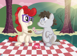 Size: 1000x725 | Tagged: safe, artist:willdrawforfood1, truffle shuffle, twist, earth pony, pony, g4, candy, candy cane, colt, duo, duo male and female, female, filly, foal, food, glasses, male, picnic blanket, ship:truffletwist, shipping, straight, tree