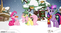 Size: 1297x706 | Tagged: safe, artist:astalakio, fluttershy, pinkie pie, twilight sparkle, g4, clothes, hat, scarf, snow, snowfall, winter