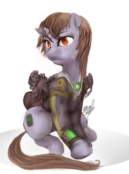 Size: 678x914 | Tagged: safe, artist:xatiav, oc, oc only, oc:littlepip, pony, unicorn, fallout equestria, battle saddle, clothes, fanfic, fanfic art, female, hooves, horn, jumpsuit, mare, pipboy, pipbuck, saddle bag, simple background, sitting, solo, vault suit, weapon, white background