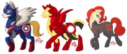 Size: 1024x433 | Tagged: safe, artist:megsyv, avengers, black widow (marvel), captain america, iron man, ponified, simple background, transparent background