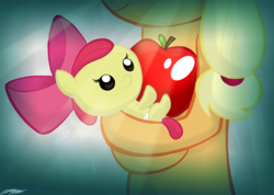 Size: 1000x711 | Tagged: safe, artist:willdrawforfood1, apple bloom, applejack, earth pony, pony, g4, apple, baby, baby apple bloom, baby pony, diaper, female, filly, foal, food, holding a pony, mare, sisters