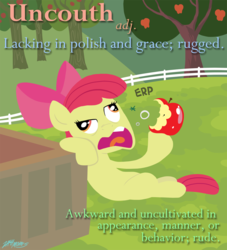 Size: 1000x1100 | Tagged: safe, artist:willdrawforfood1, apple bloom, earth pony, pony, g4, apple, apple bloom's bow, bow, burp, derp, female, filly, food, hair bow, solo, uncouth, wavy mouth