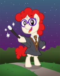 Size: 800x1023 | Tagged: safe, artist:willdrawforfood1, twist, earth pony, pony, g4, bipedal, clothes, crossover, dirt road, female, filly, foal, glasses, harry potter (series), night, night sky, sky, solo, tongue out, wand