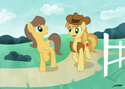 Size: 1000x714 | Tagged: safe, artist:willdrawforfood1, braeburn, caramel, earth pony, pony, g4, dirt road, duo, duo male, fence, hat, male, open mouth, stallion