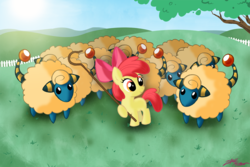 Size: 999x666 | Tagged: safe, artist:willdrawforfood1, apple bloom, earth pony, mareep, pony, sheep, g4, artifact, crossover, female, filly, flock, pokémon, shepherd, shepherd's crook