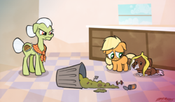 Size: 1000x583 | Tagged: safe, artist:willdrawforfood1, applejack, granny smith, winona, dog, earth pony, pony, g4, 2011, angry, checkered floor, female, filly, looking away, mare, puppy, trash, window, younger