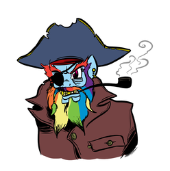 Size: 940x946 | Tagged: safe, artist:willdrawforfood1, rainbow dash, anthro, g4, beard, bicorne, eyepatch, female, hat, pipe, pirate, simple background, smoking, solo