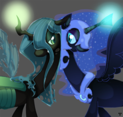 Size: 831x791 | Tagged: safe, artist:radioactive-k, nightmare moon, queen chrysalis, alicorn, changeling, changeling queen, pony, g4, duo, ethereal mane, female, glowing, glowing horn, helmet, horn, lesbian, ship:chrysmoon, shipping, slit pupils