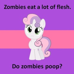 Size: 599x599 | Tagged: safe, sweetie belle, pony, unicorn, zombie, g4, female, filly, implied pooping, meta, question, solo