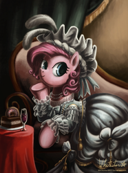 Size: 900x1208 | Tagged: safe, artist:whitestar1802, pinkie pie, earth pony, pony, g4, cake, clothes, couch, donut, drapes, dress, fancy, feather, female, hat, marie antoinette, necklace, pearl (object), smiling, solo, table, victorian, wine, wine glass