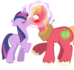 Size: 900x849 | Tagged: safe, big macintosh, twilight sparkle, earth pony, pony, unicorn, g4, duo, eyes closed, forced kiss, kiss on the lips, kissing, magic, male, ship:twimac, shipping, stallion, straight, surprise kiss, vector