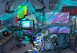 Size: 1055x731 | Tagged: safe, artist:ghost, dj pon-3, octavia melody, vinyl scratch, g4, bed, bedroom, chair, computer, female, lesbian, mare, mixing console, poster, room, ship:scratchtavia, shipping